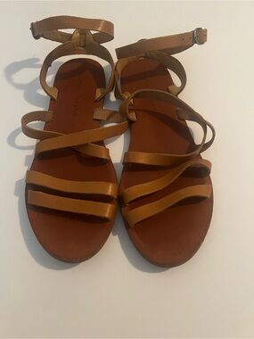 Lucky Brand Womens Tan Leather Gladiator Sandals Strappy Flat Ankle Wrap Shoes